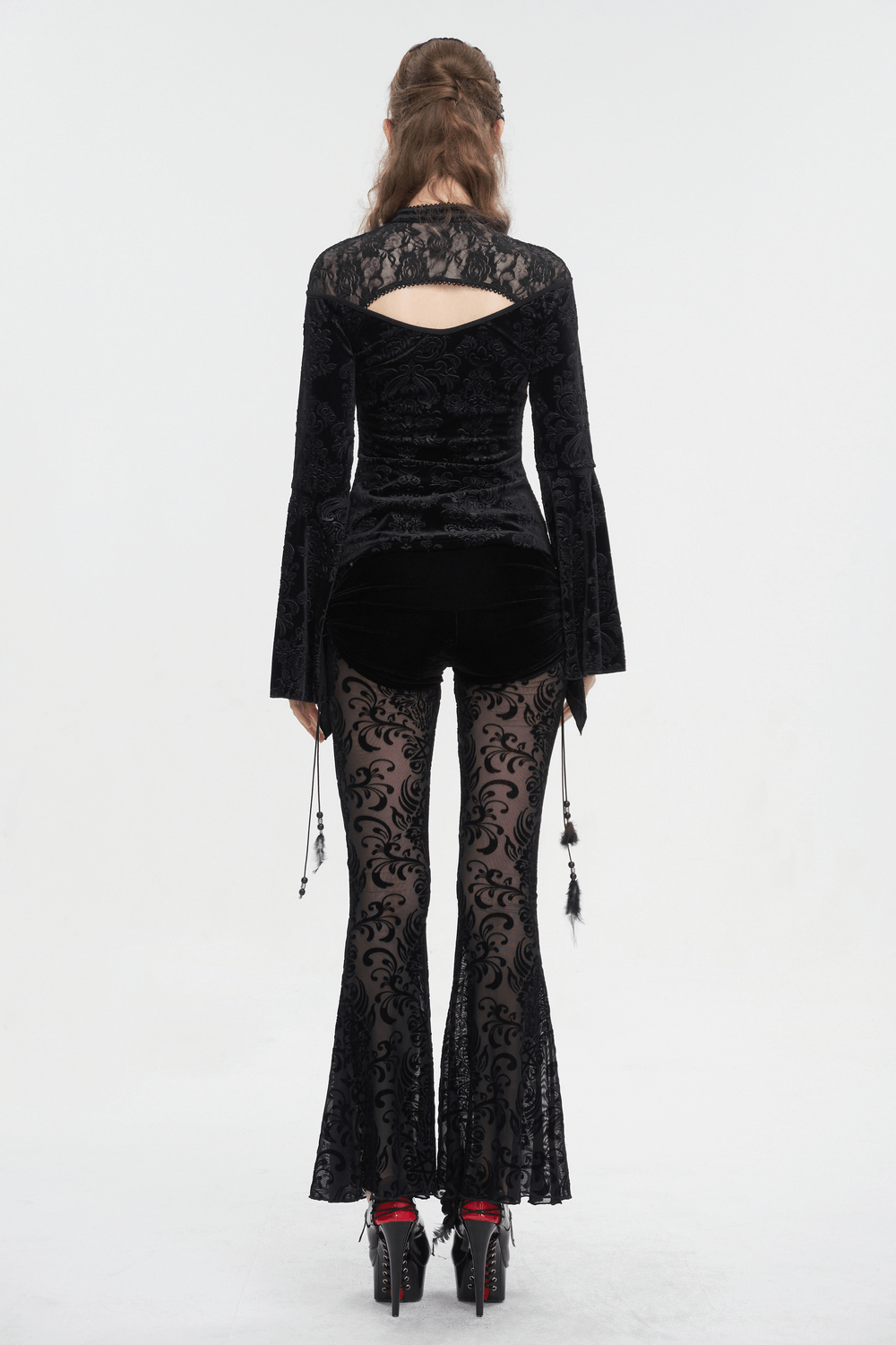Gothic velvet hollow-out V-neck top with long bell sleeves, paired with stylish lace bell-bottoms.