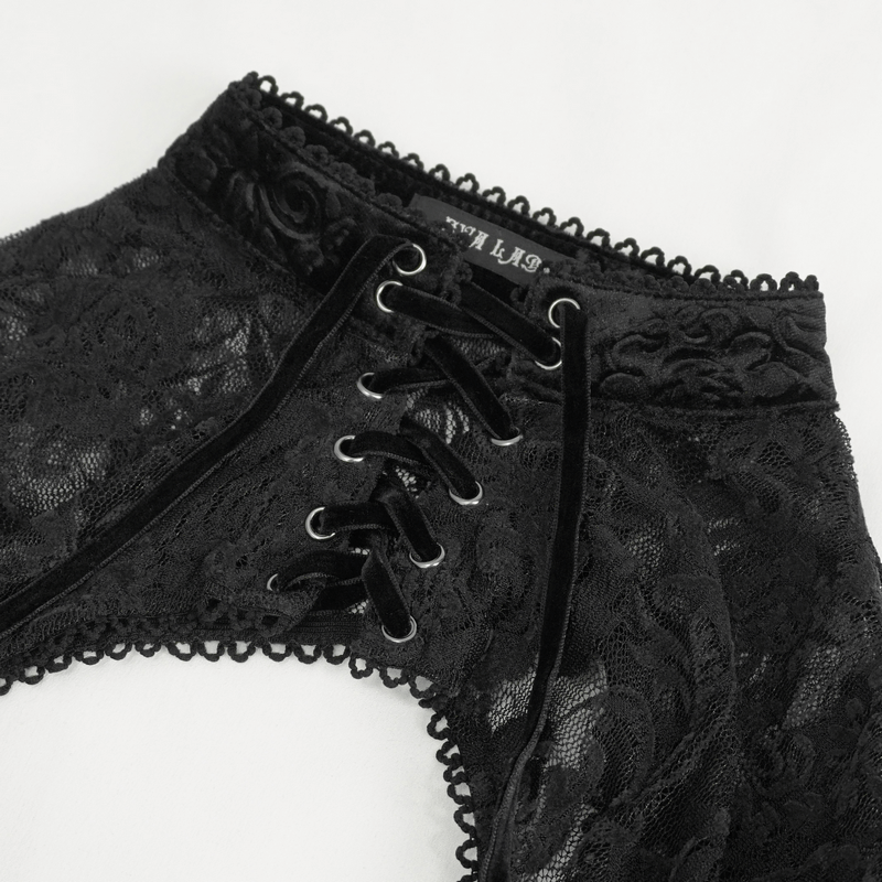 Gothic velvet hollow-out V-neck top with lace details and elegant bell sleeves for women.