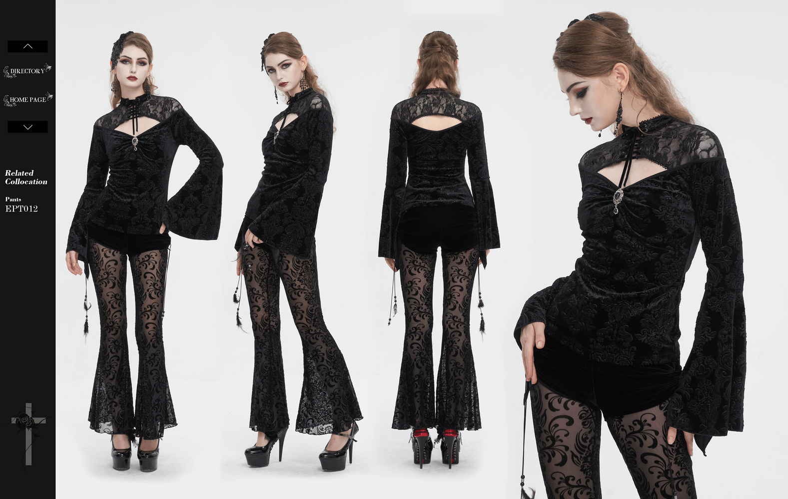 Gothic velvet V-neck top with hollow-out design and long bell sleeves, styled with lace bell-bottoms for a bold fashion statement.