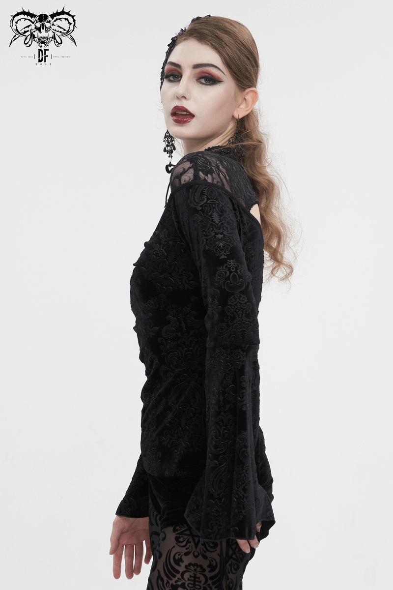 Gothic velvet V-neck top with long bell sleeves, showcasing intricate hollow-out patterns in a stylish black design.