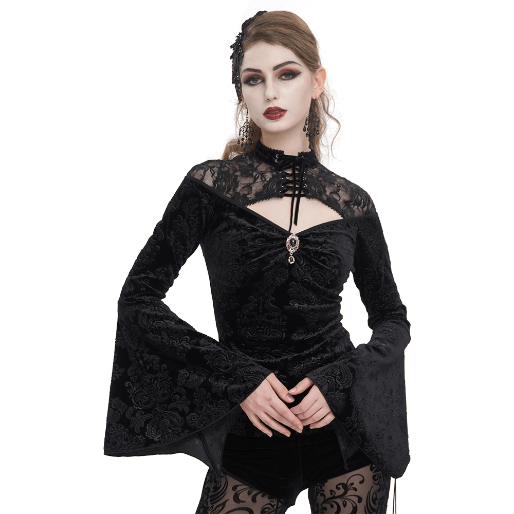Gothic Velvet Hollow Out V-neck Top with Long Bell Sleeves for Women - HARD'N'HEAVY