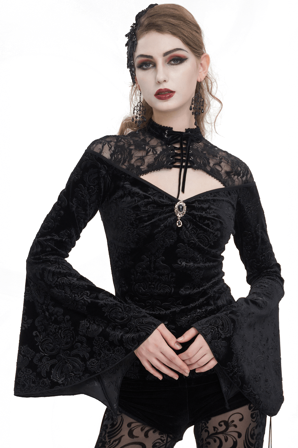 Gothic velvet hollow-out V-neck top with long bell sleeves for women, featuring intricate lace and elegant design.
