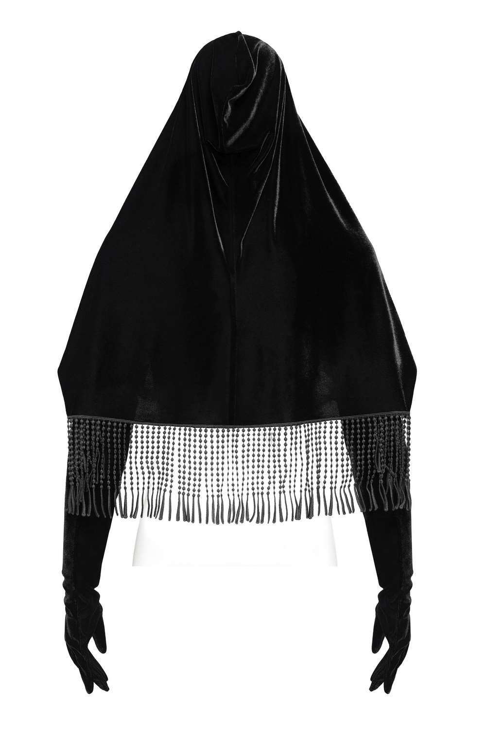 Gothic black velvet hooded cape with floral detailing and fringed sleeves, perfect for vintage-inspired outfits.