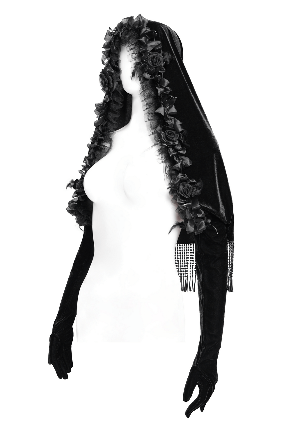 Gothic black velvet hooded cape with floral detailing and fringed sleeves, perfect for vintage-inspired outfits.