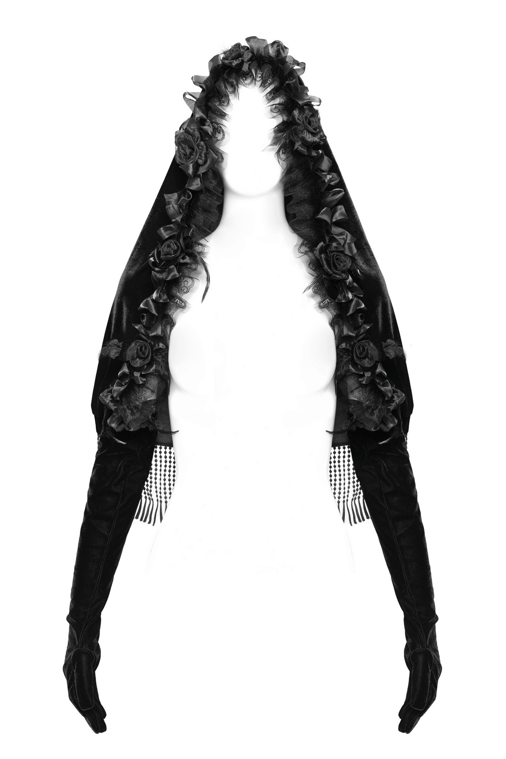 Gothic velvet hooded cape with floral detailing and fringed sleeves, perfect for vintage-inspired outfits.