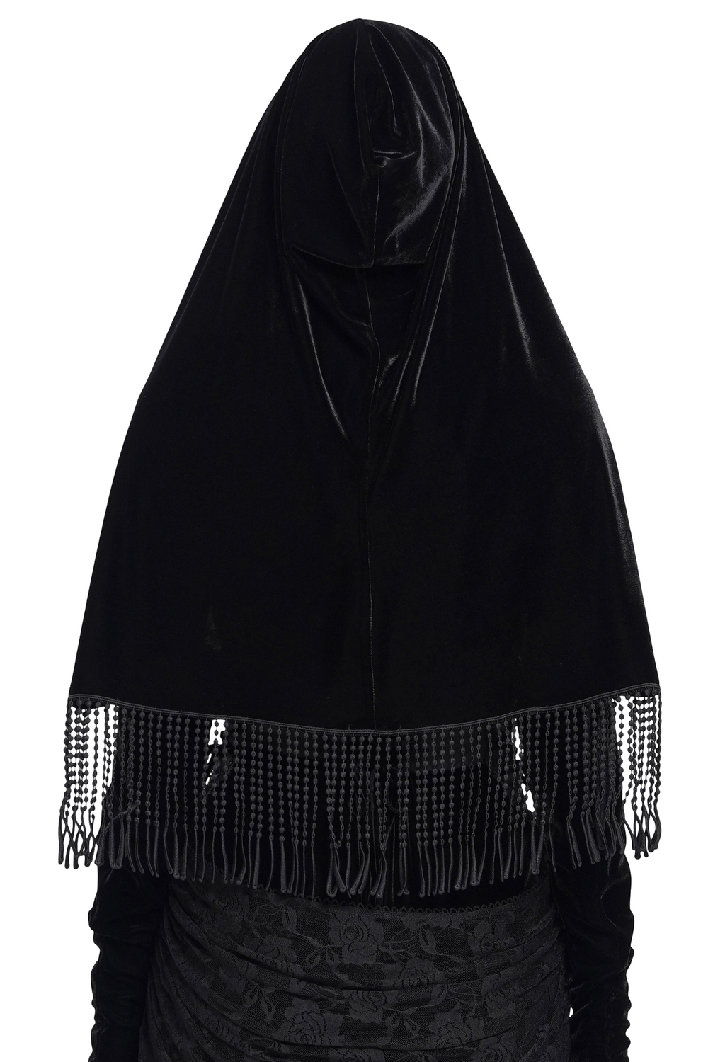 Gothic velvet hooded cape with floral detailing and fringed sleeves, perfect for vintage-inspired elegance.