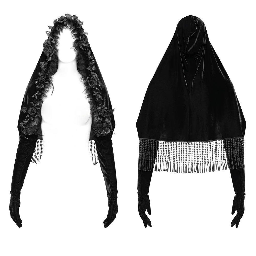 Gothic velvet hooded cape with floral detailing and fringed sleeves, perfect for vintage-inspired evening wear.