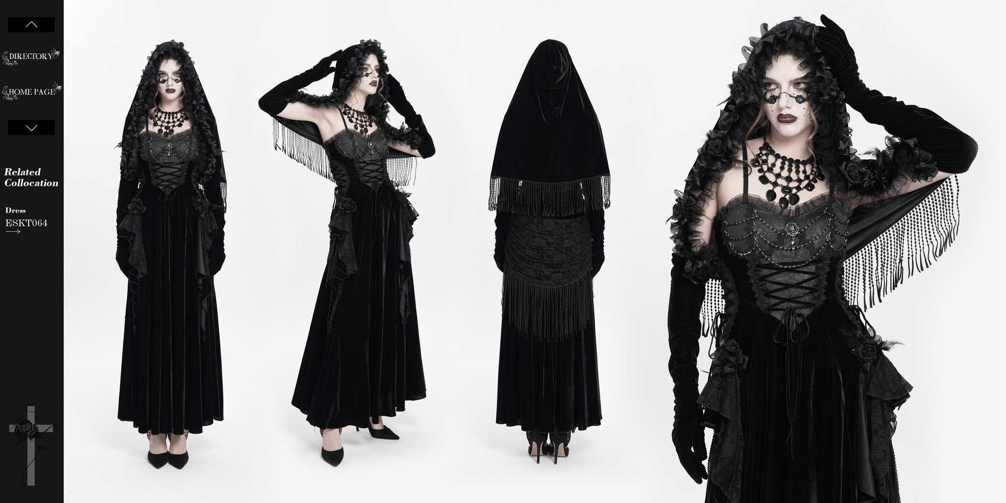 Gothic black velvet hooded cape with floral detailing and fringe, worn elegantly for dramatic effect.