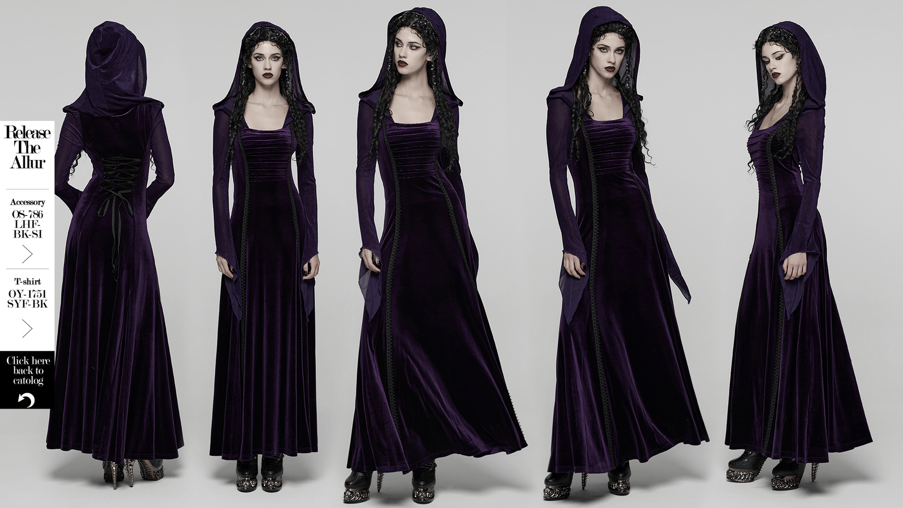 Gothic Velvet Hooded Dress with Adjustable Waist showcasing pleated chest and flocking mesh details.