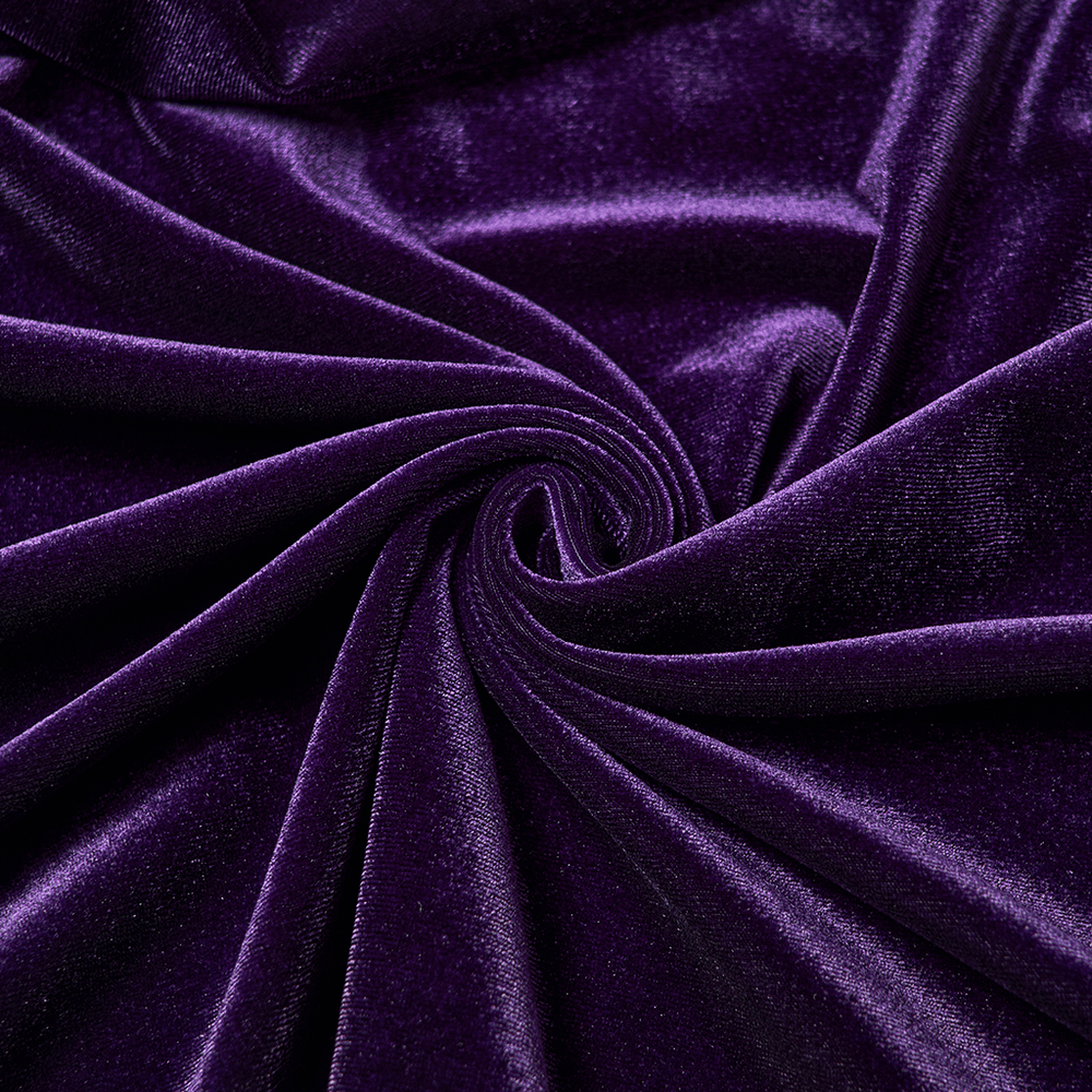 Gothic Velvet Hooded Dress with Adjustable Waist fabric texture, rich purple stretch velvet for a luxurious feel.