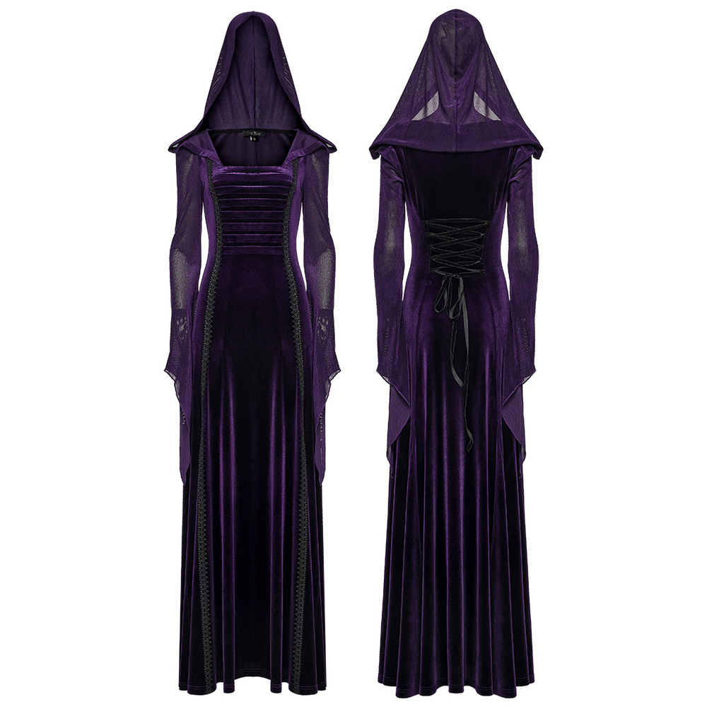 Gothic Velvet Hooded Dress with Adjustable Waist showcasing soft velvet and pleated chest detail.