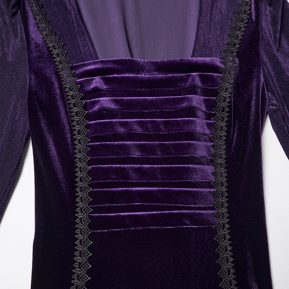 Gothic Velvet Hooded Dress with Adjustable Waist highlighting pleated chest detail in rich purple velvet.