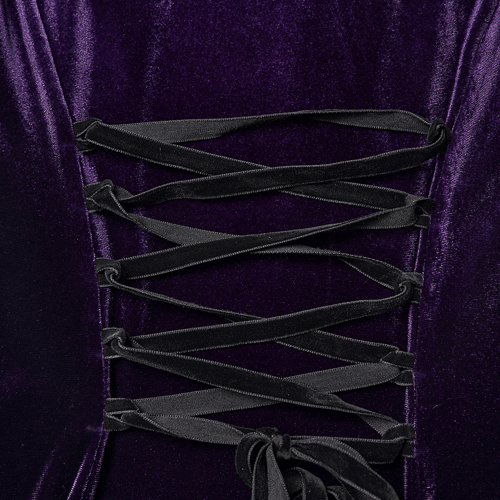 Gothic Velvet Hooded Dress with Adjustable Waist, showcasing lace-up back details on luxurious purple fabric.