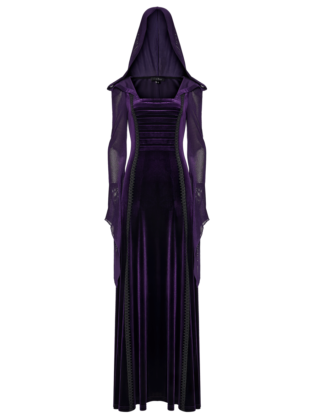 Gothic Velvet Hooded Dress with Adjustable Waist showcasing a pleated chest and dramatic hood.