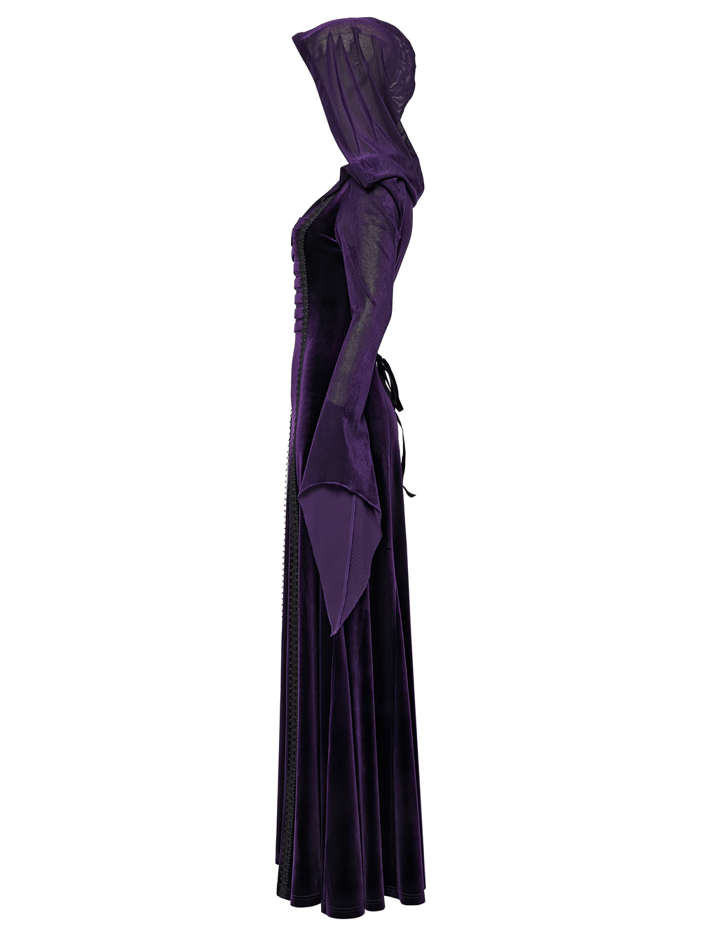 Gothic Velvet Hooded Dress with Adjustable Waist showcasing pleated details and flowy purple design.