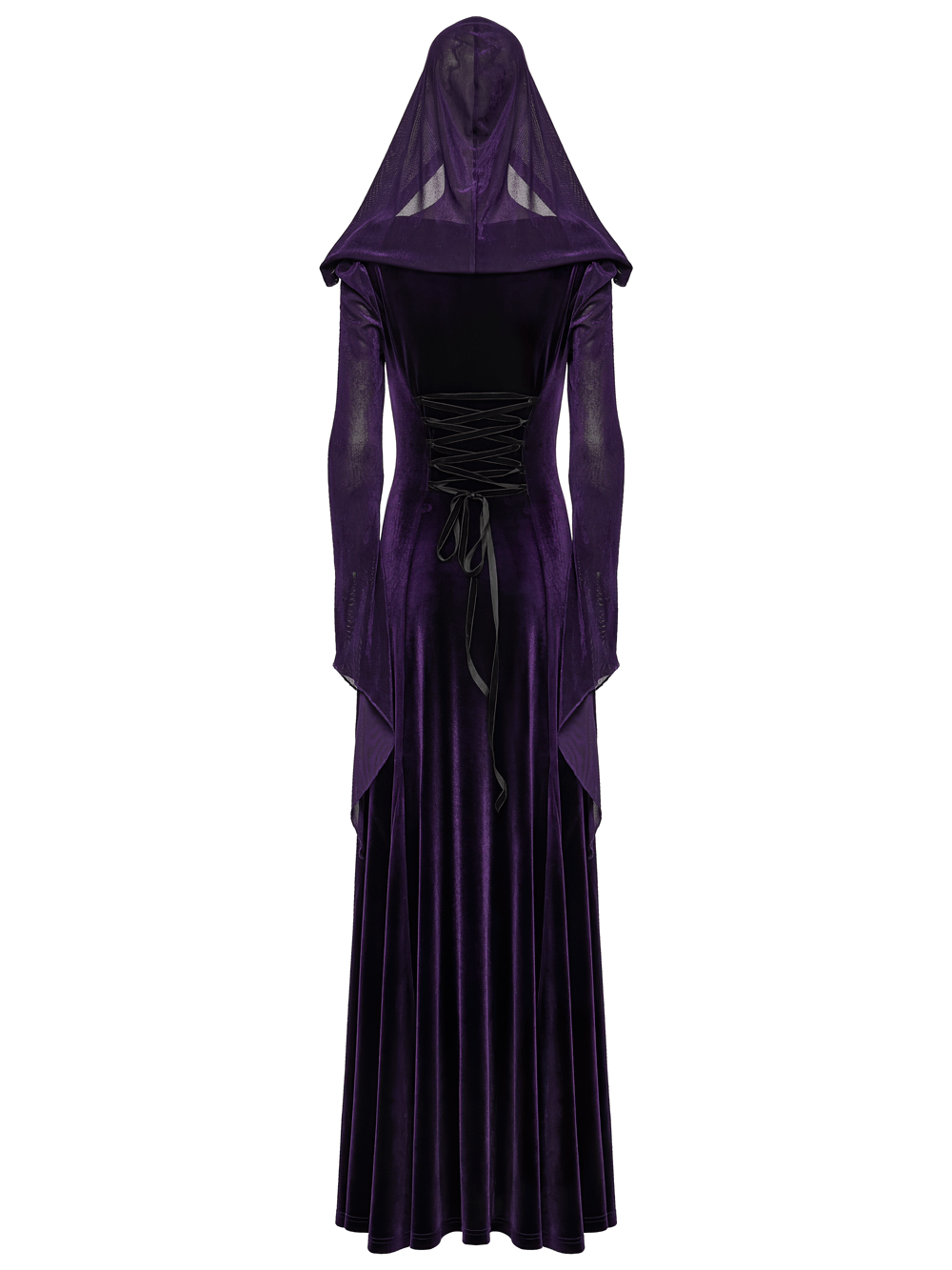 Gothic Velvet Hooded Dress with Adjustable Waist showcasing a dramatic purple velvet design and adjustable waist detail.