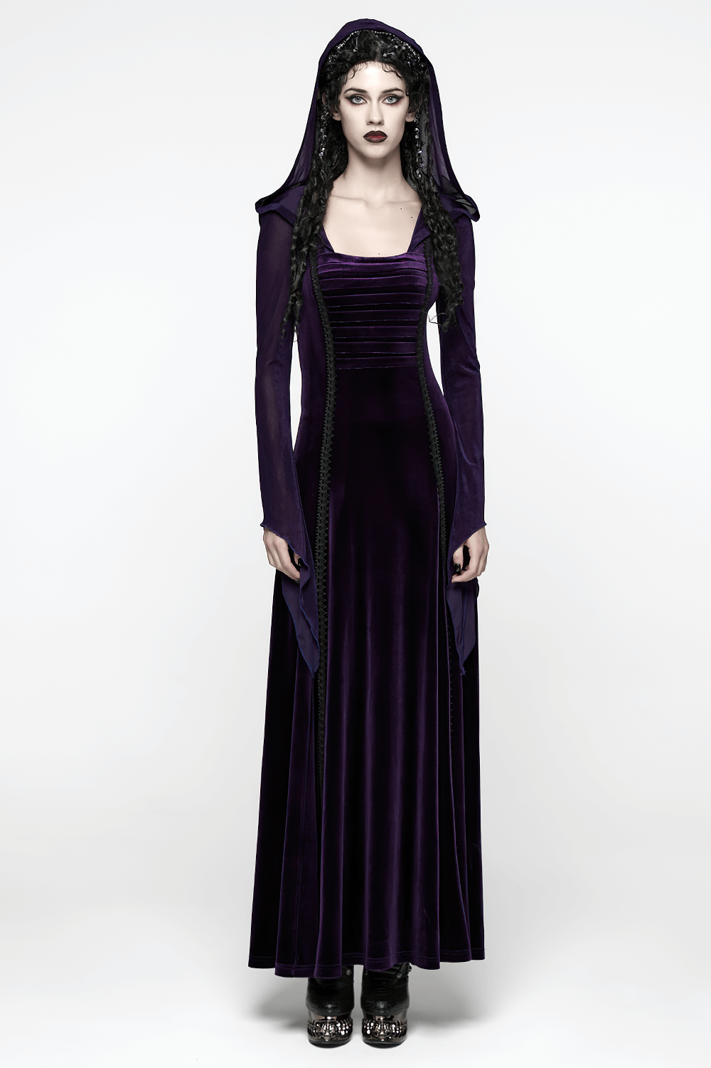 Gothic Velvet Hooded Dress with Adjustable Waist featuring pleated chest and dramatic hood in rich purple.