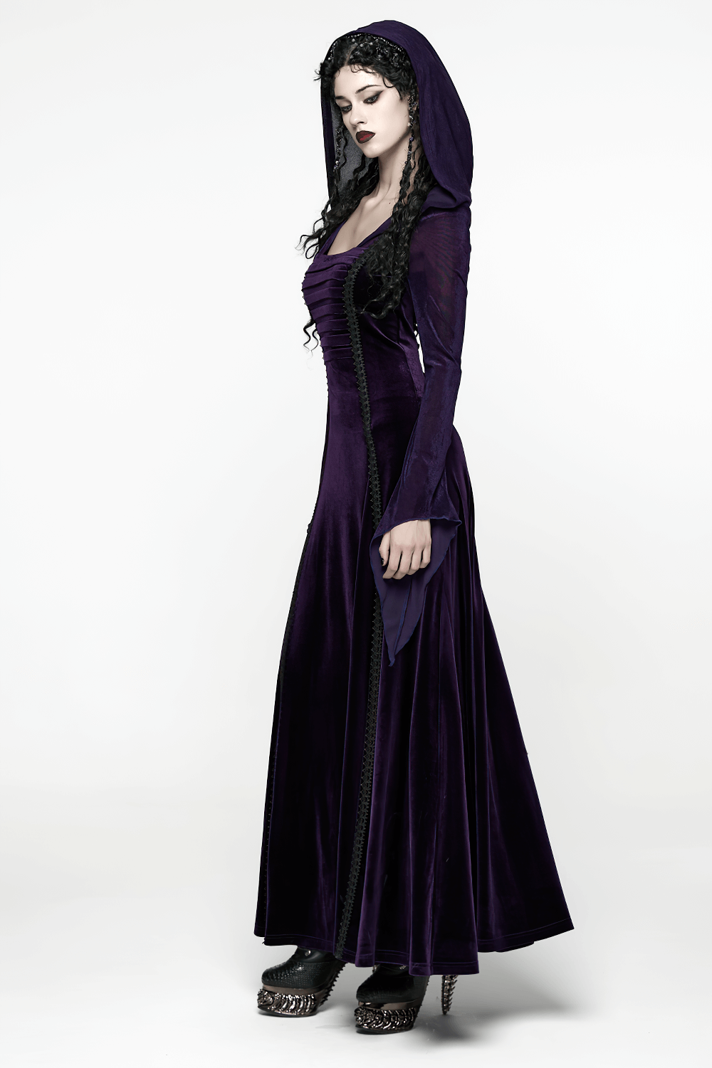 Gothic Velvet Hooded Dress with Adjustable Waist in deep purple with pleated chest and dramatic hood for a stylish goth look.