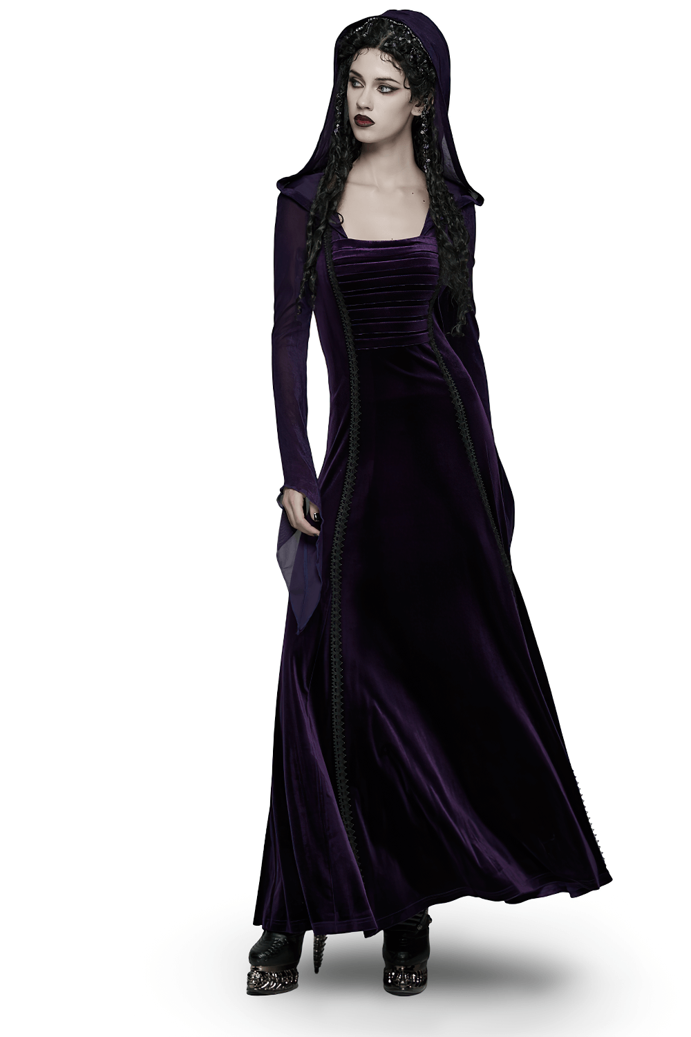 Gothic Velvet Hooded Dress with Adjustable Waist featuring pleated chest and dramatic hood, perfect for a gothic wardrobe.