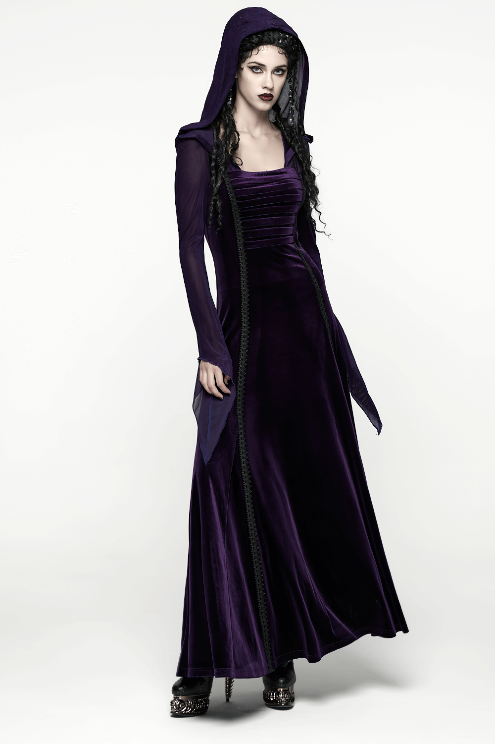 Gothic Velvet Hooded Dress with Adjustable Waist showcasing a model in a dark, pleated, velvet gown with a dramatic hood.
