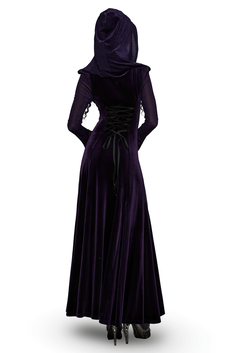 Gothic Velvet Hooded Dress with Adjustable Waist showcasing the elegant back and pleated design in a dramatic purple velvet.