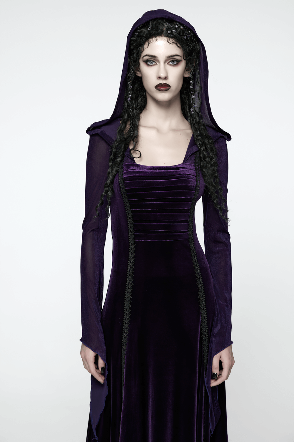 Gothic Velvet Hooded Dress with Adjustable Waist showcasing pleated chest and dramatic hood.