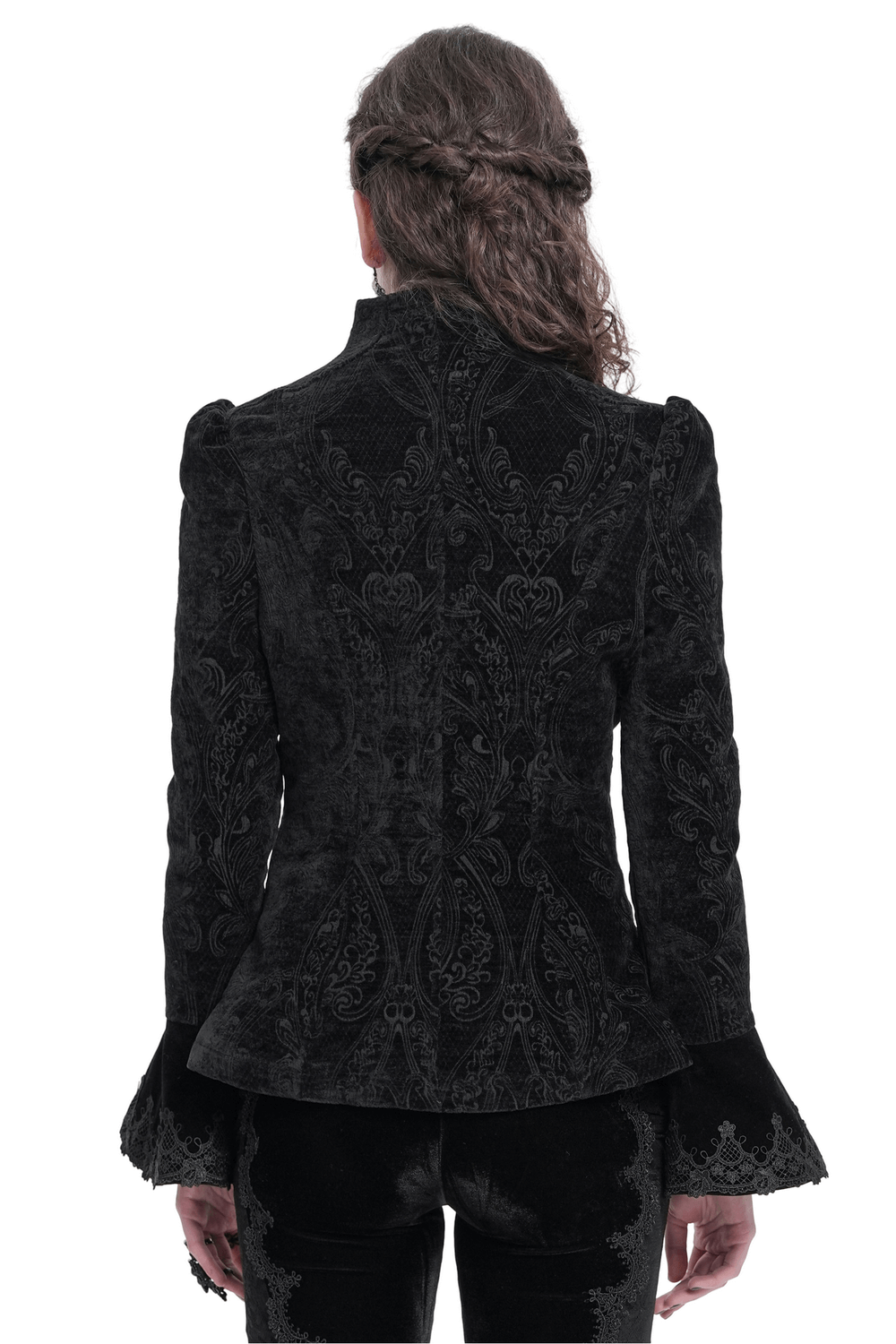 Back view of gothic velvet jacket with intricate embroidery and dramatic bell sleeves.