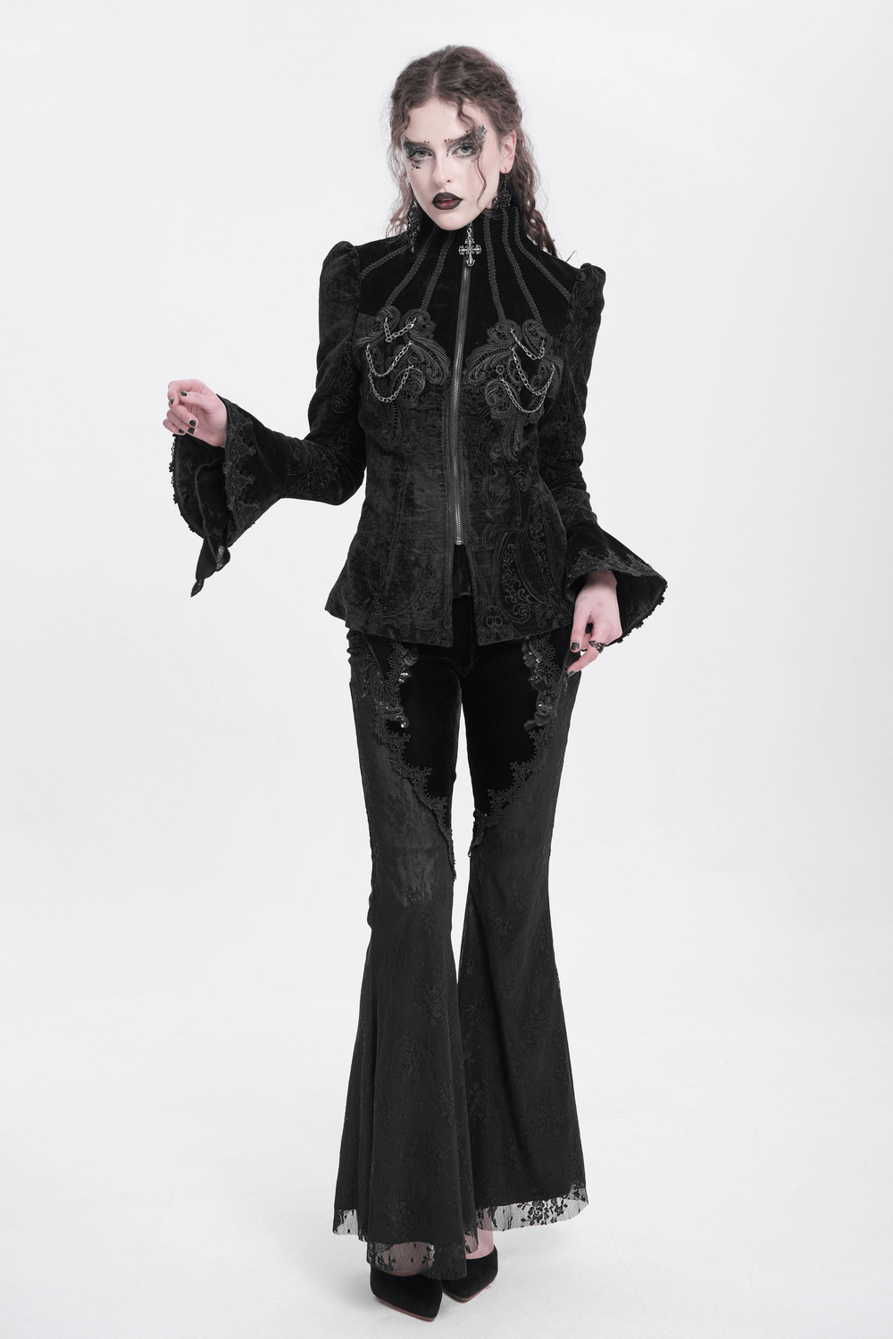 Gothic velvet jacket with embroidery, bell sleeves, and chain details, perfect for steampunk or alternative fashion.