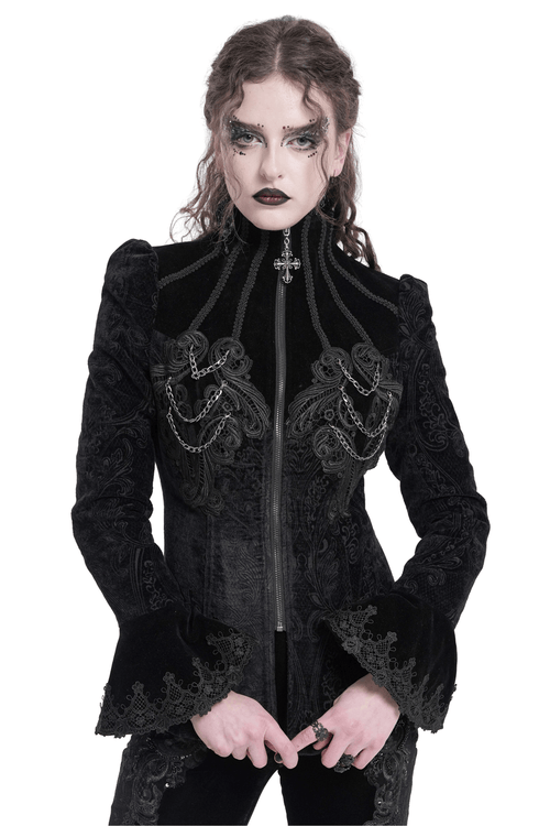 Chaqueta de terciopelo gótica con bordados y detalles de cadena