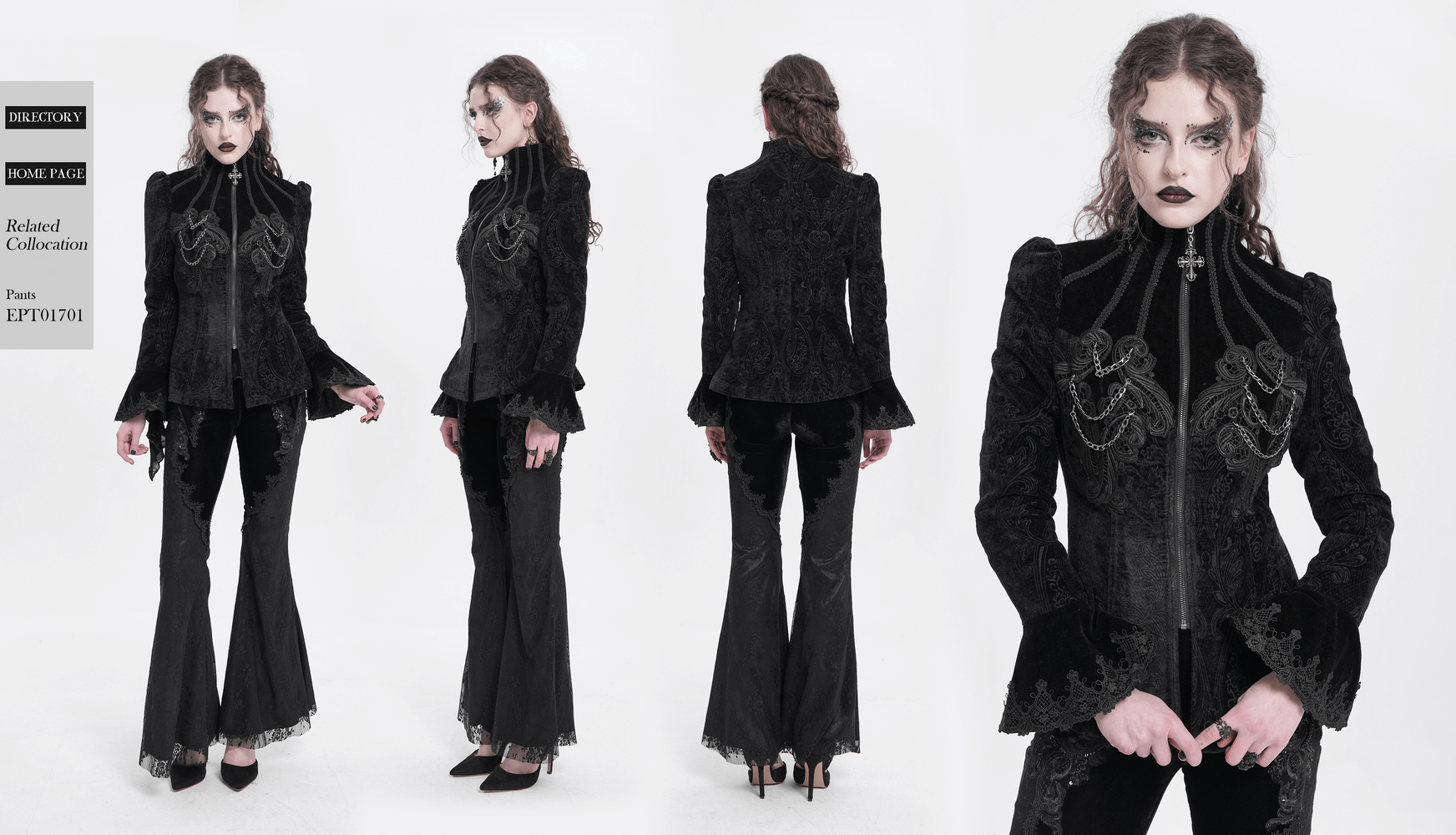 Gothic velvet jacket with embroidery, chains, and bell sleeves, perfect for steampunk and alternative fashion.