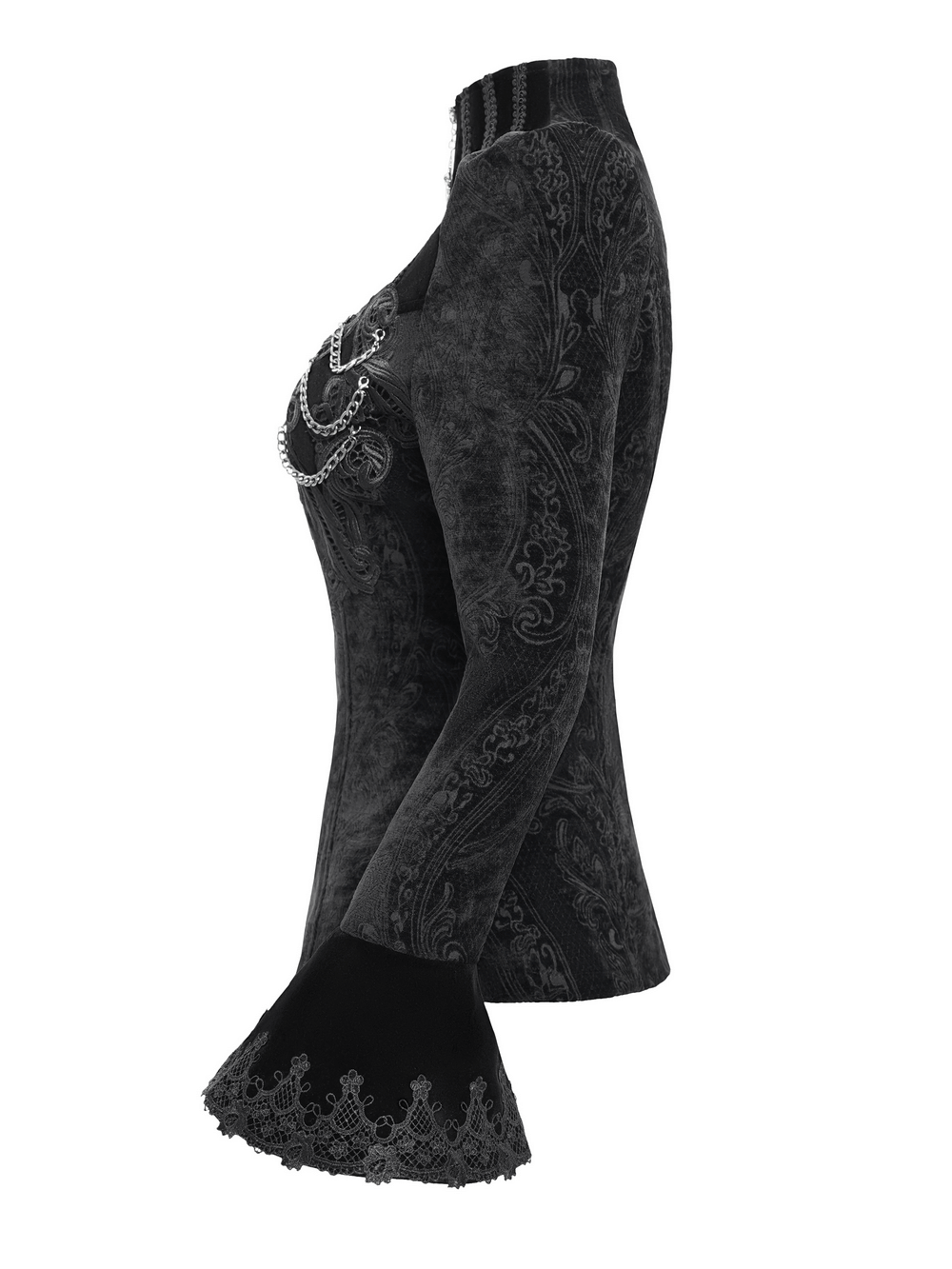 Gothic velvet jacket with embroidery, chain details, and bell sleeves, perfect for steampunk and alternative fashion.