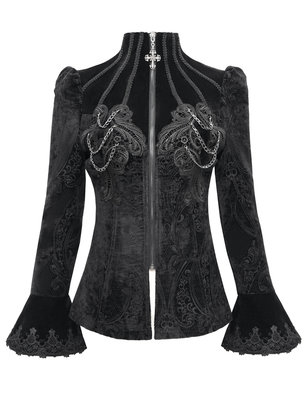 Gothic velvet jacket with embroidery and chains, featuring bell sleeves and zip-up front, ideal for steampunk or cosplay.