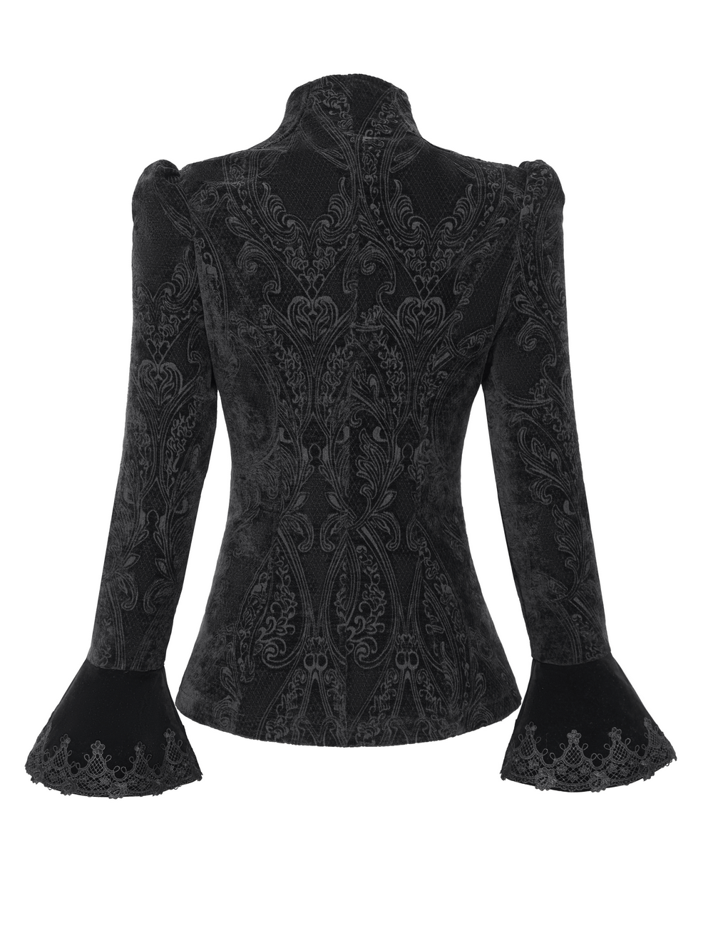 Back view of a gothic velvet jacket with intricate embroidery and dramatic bell sleeves, perfect for alternative fashion.