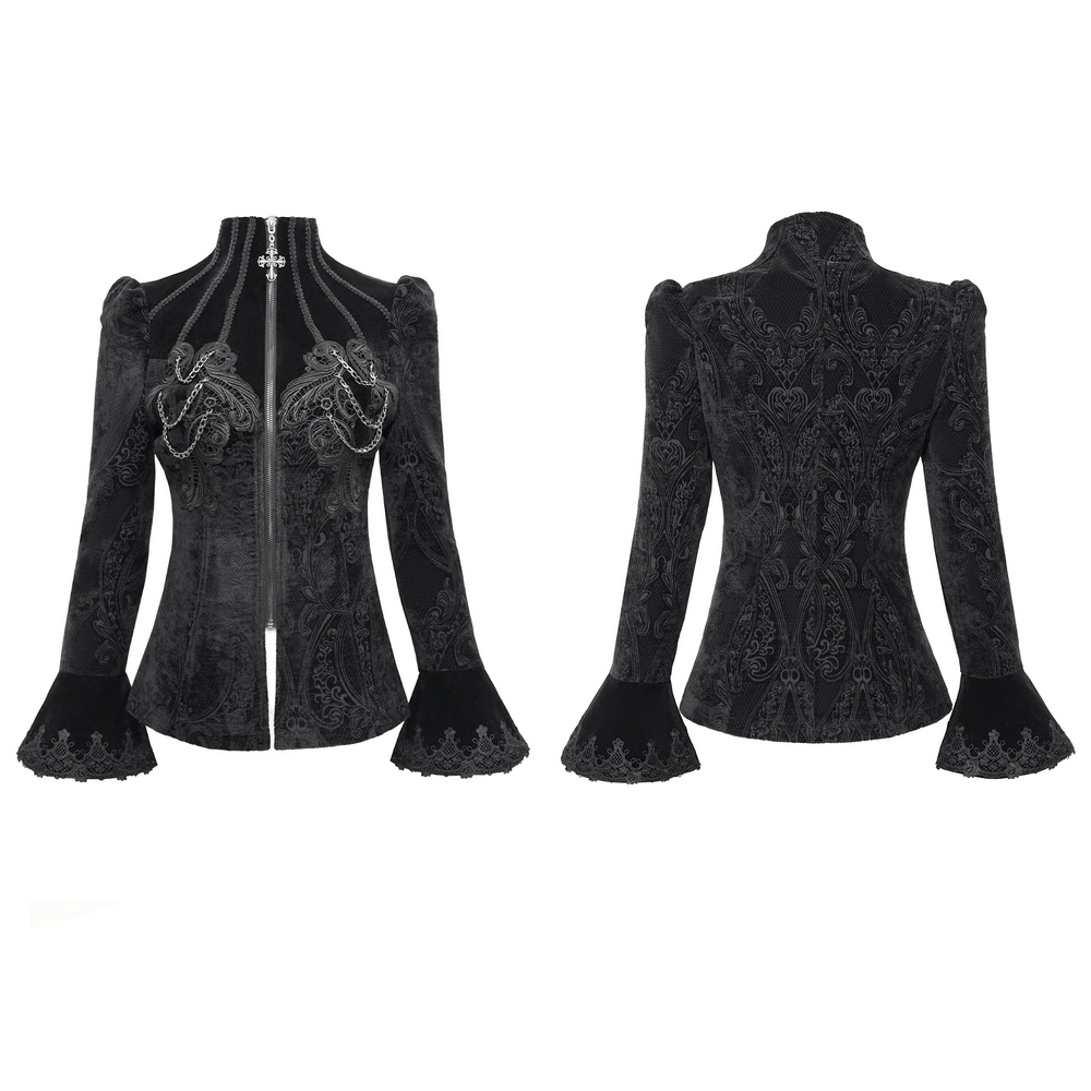 Gothic velvet jacket with intricate embroidery, chain details, and bell sleeves for steampunk and alternative fashion.