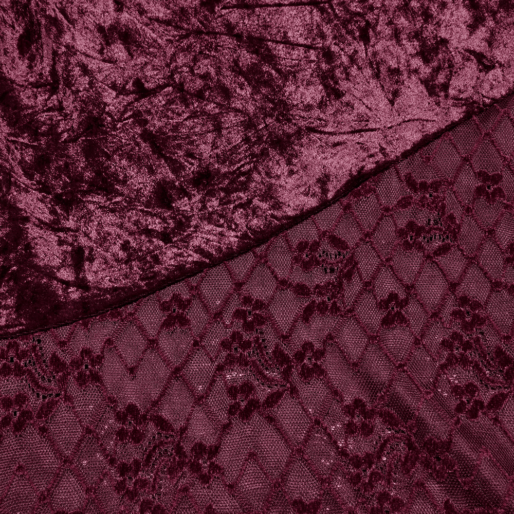 Close-up of rich burgundy velvet and lace fabrics, showcasing a luxurious texture perfect for gothic fashion.