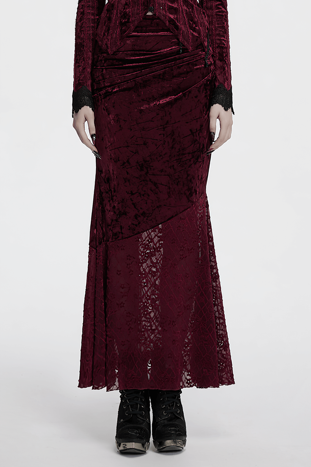 Gothic velvet lace asymmetrical skirt featuring fishtail design and elegant pleats in deep burgundy color.