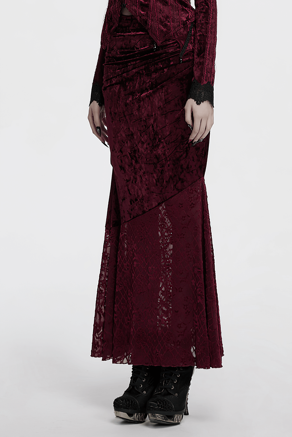 Gothic velvet lace asymmetrical skirt in deep burgundy with fishtail design and elegant detailing.