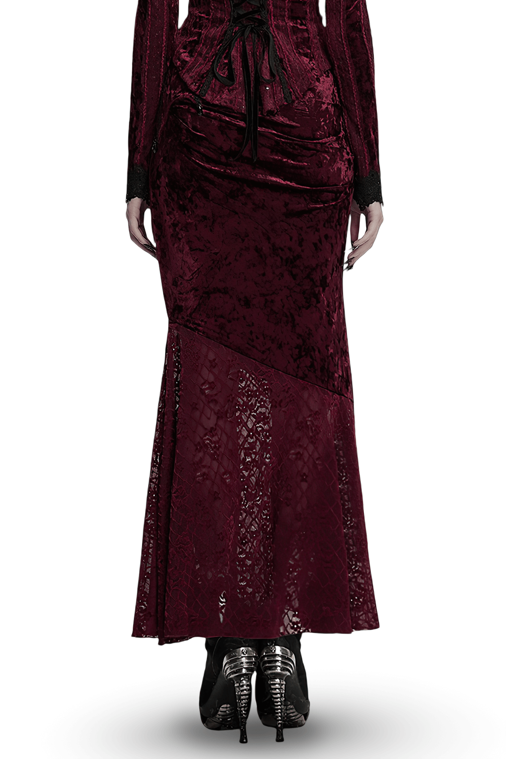 Gothic velvet lace asymmetrical skirt in burgundy with fishtail design and elegant detailing.