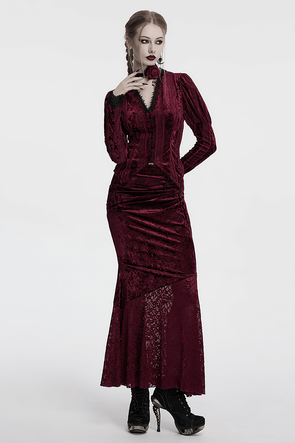 Gothic velvet lace asymmetrical skirt with fishtail design, showcasing elegance and dramatic style in deep burgundy.
