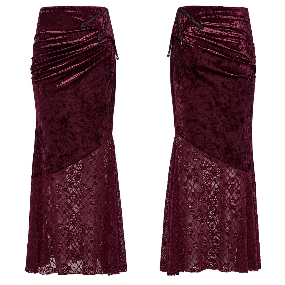 Gothic velvet lace asymmetrical skirt featuring fishtail design and diagonal pleats in rich burgundy color.