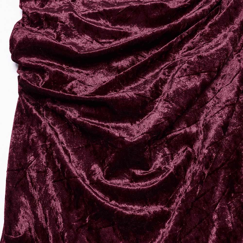 Luxurious burgundy velvet fabric with a plush texture, perfect for gothic fashion and elegant designs.
