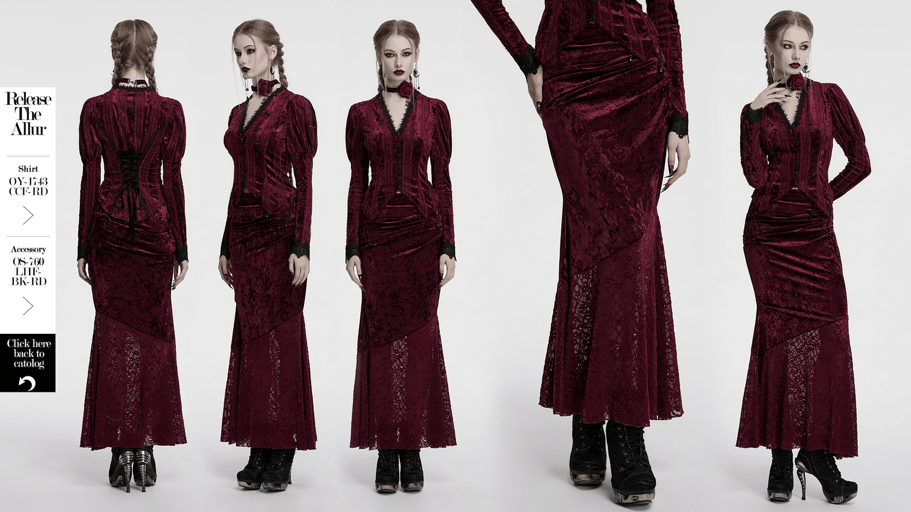 Gothic velvet lace asymmetrical skirt with fishtail design showcasing elegant details and flattering silhouette.