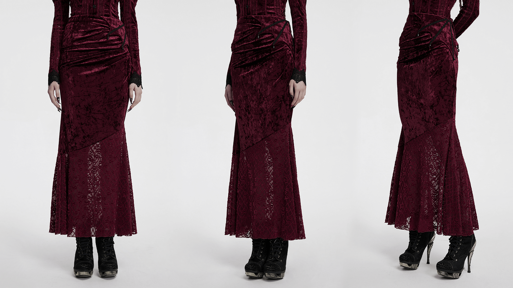 Gothic velvet lace asymmetrical skirt featuring fishtail design and elegant lace detailing.