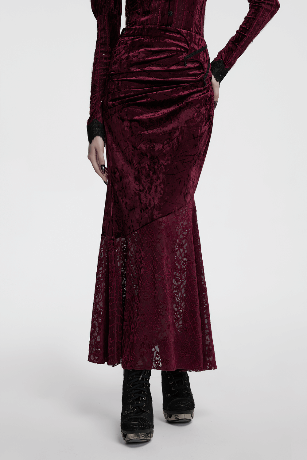 Gothic velvet lace asymmetrical skirt with fishtail design, featuring intricate lace detailing and a flattering silhouette.