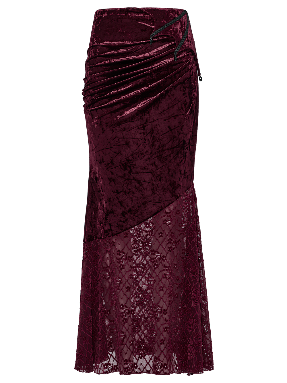 Gothic velvet lace asymmetrical skirt with fishtail design and elegant lace detailing, perfect for alternative fashion.