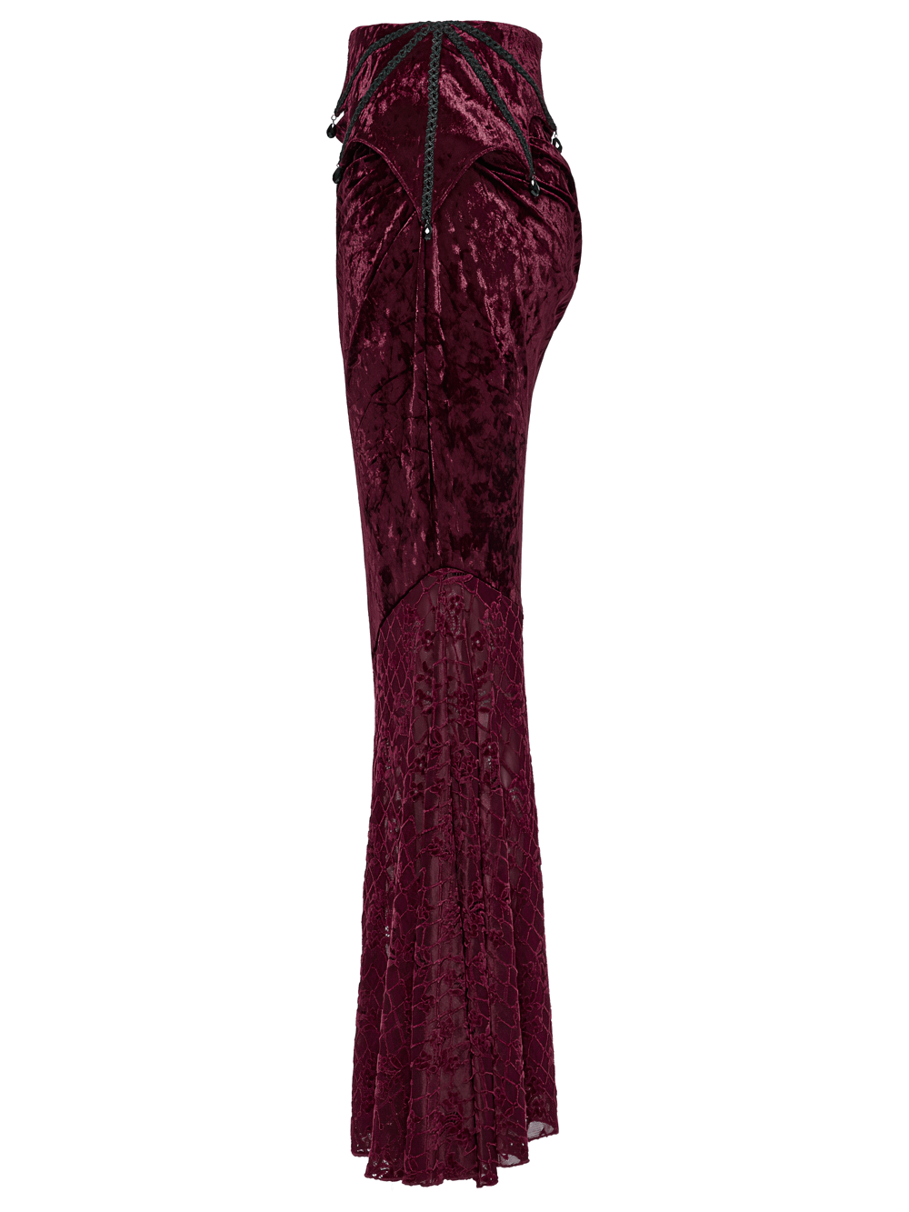 Gothic velvet lace asymmetrical skirt with fishtail design in deep burgundy, showcasing exquisite lace detailing and flattering silhouette.