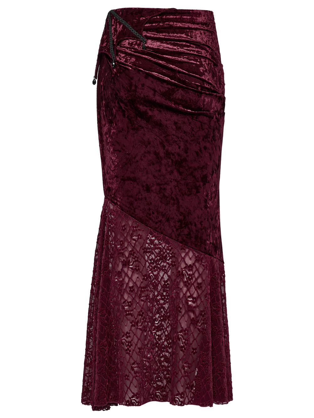 Gothic velvet lace asymmetrical skirt with fishtail cut, featuring elegant lace detailing and a unique waistband.