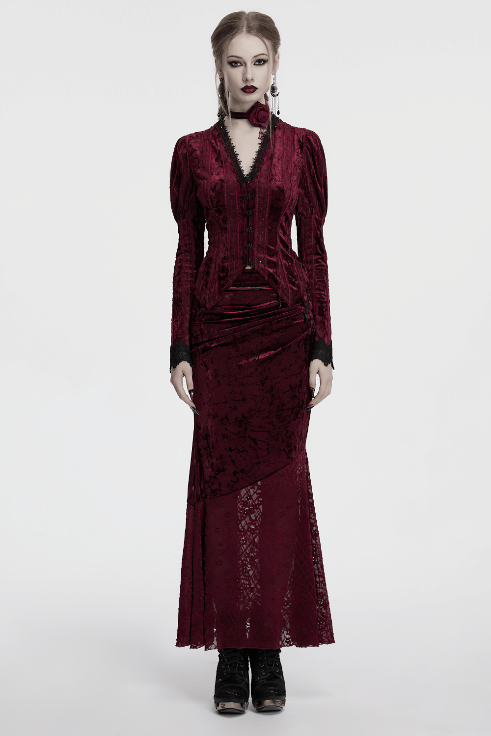 Gothic velvet lace dress featuring a fishtail design and asymmetric waistband, perfect for alternative fashion enthusiasts.