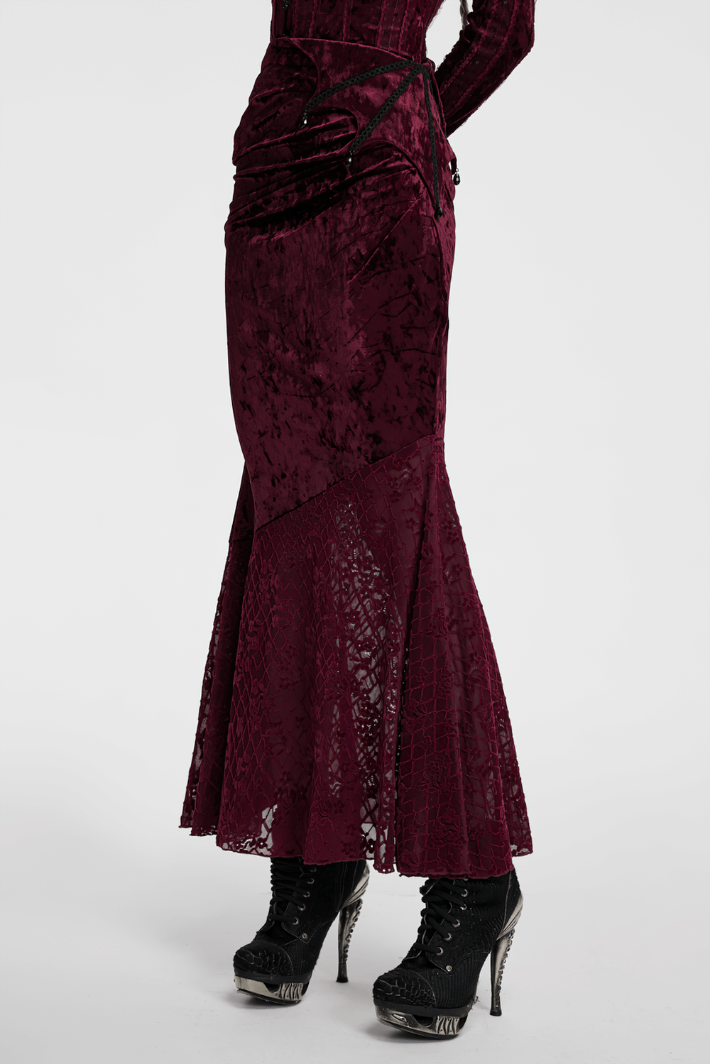 Gothic velvet lace asymmetrical skirt featuring fishtail design and elegant lace detail in deep burgundy.