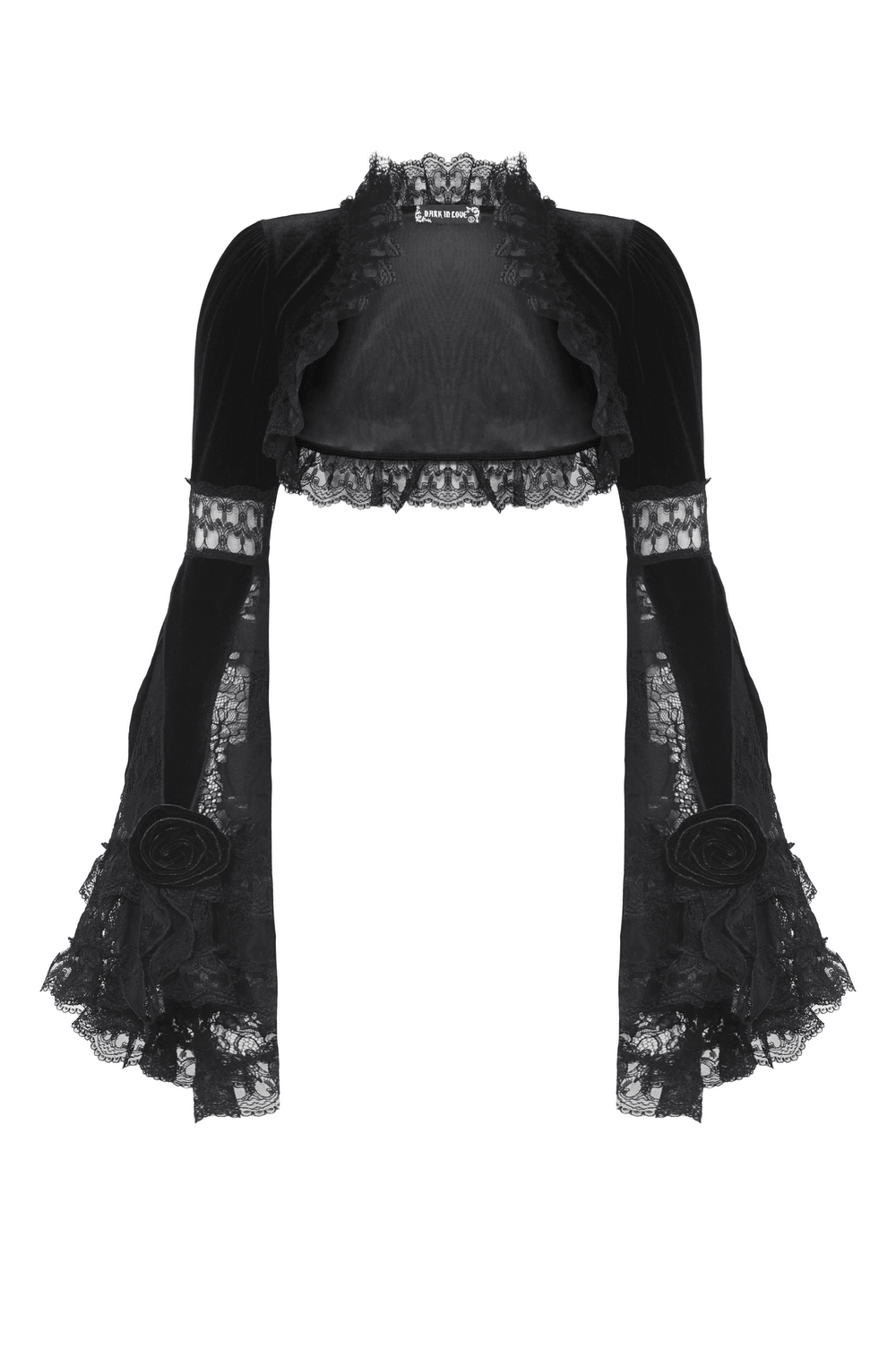 Gothic velvet lace bolero with flared sleeves and rosette accents, perfect for adding a dark romantic touch to any outfit.